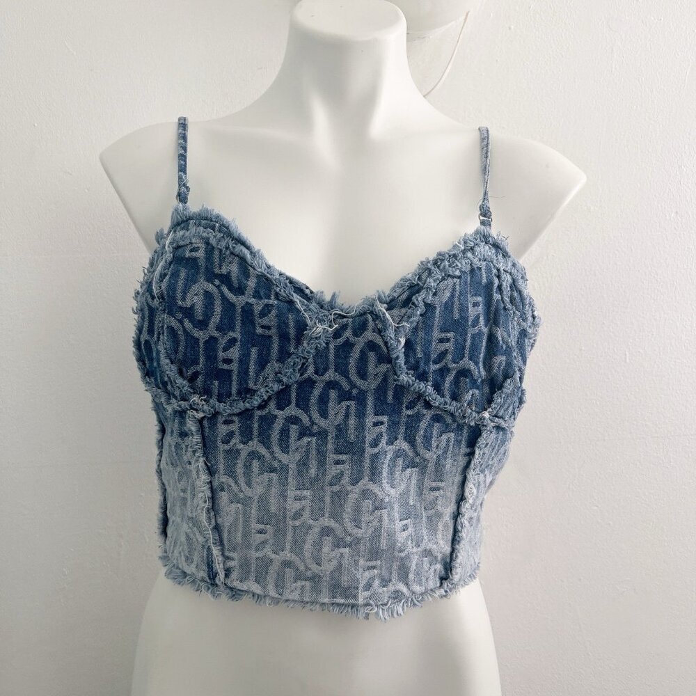 La’ Ros Denim corset Bustier Top LARGE Blue Jean Y2K
